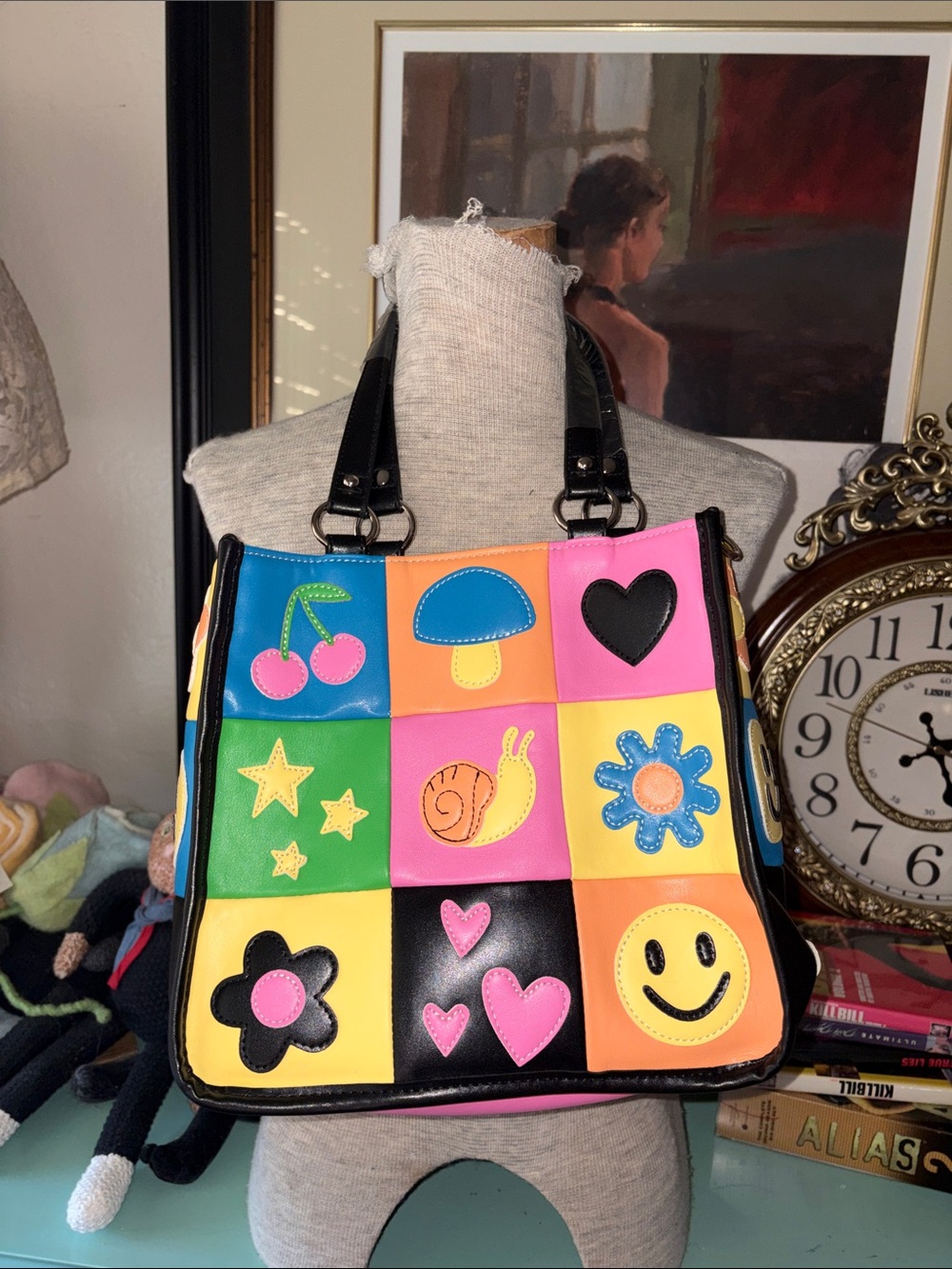 Dolls Kill X Delia’s Colorful Patchwork Smiley Flower Heart Snail Tote